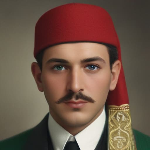 realistic style, Turkish man with green eyes and dark blonde hair, early 20th century, he is a man from high society, accordingly he is wearing an early 20th century suit and a red fez