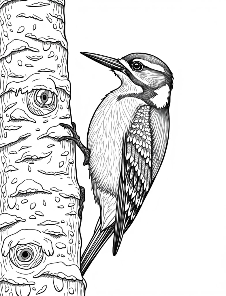  this is for an adult coloring page. a detailed black and white line art of a snowy woodpecker on a snow covered tree trunk on a solid white background.