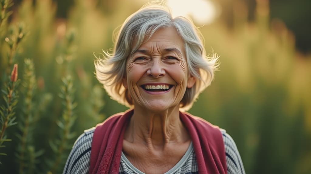  scenes about health and fitness, an elderly woman smiling, with a background of rosemary plants, depicting a joyful and healthy life. hyperrealistic, full body, detailed clothing, highly detailed, cinematic lighting, stunningly beautiful, intricate, sharp focus, f/1. 8, 85mm, (centered image composition), (professionally color graded), ((bright soft diffused light)), volumetric fog, trending on instagram, trending on tumblr, HDR 4K, 8K