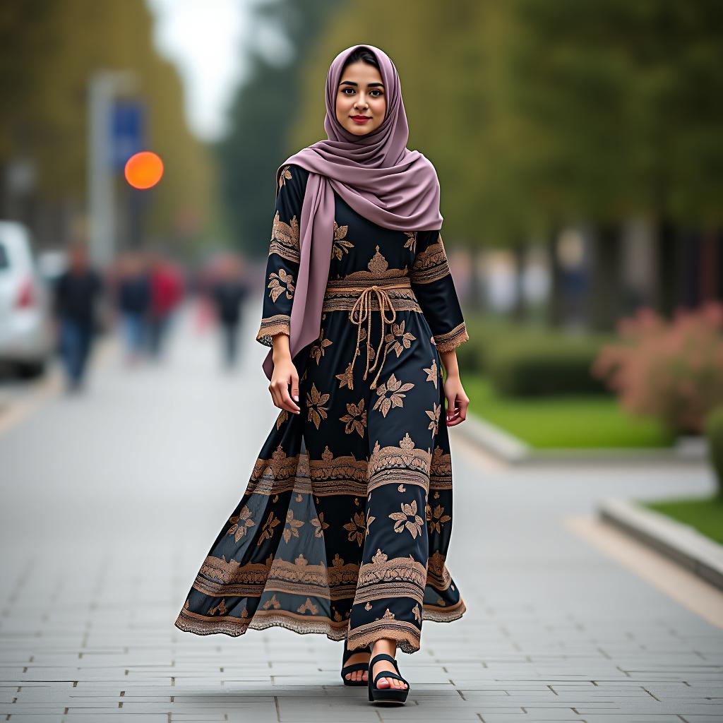  a muslim woman in a dress walking.