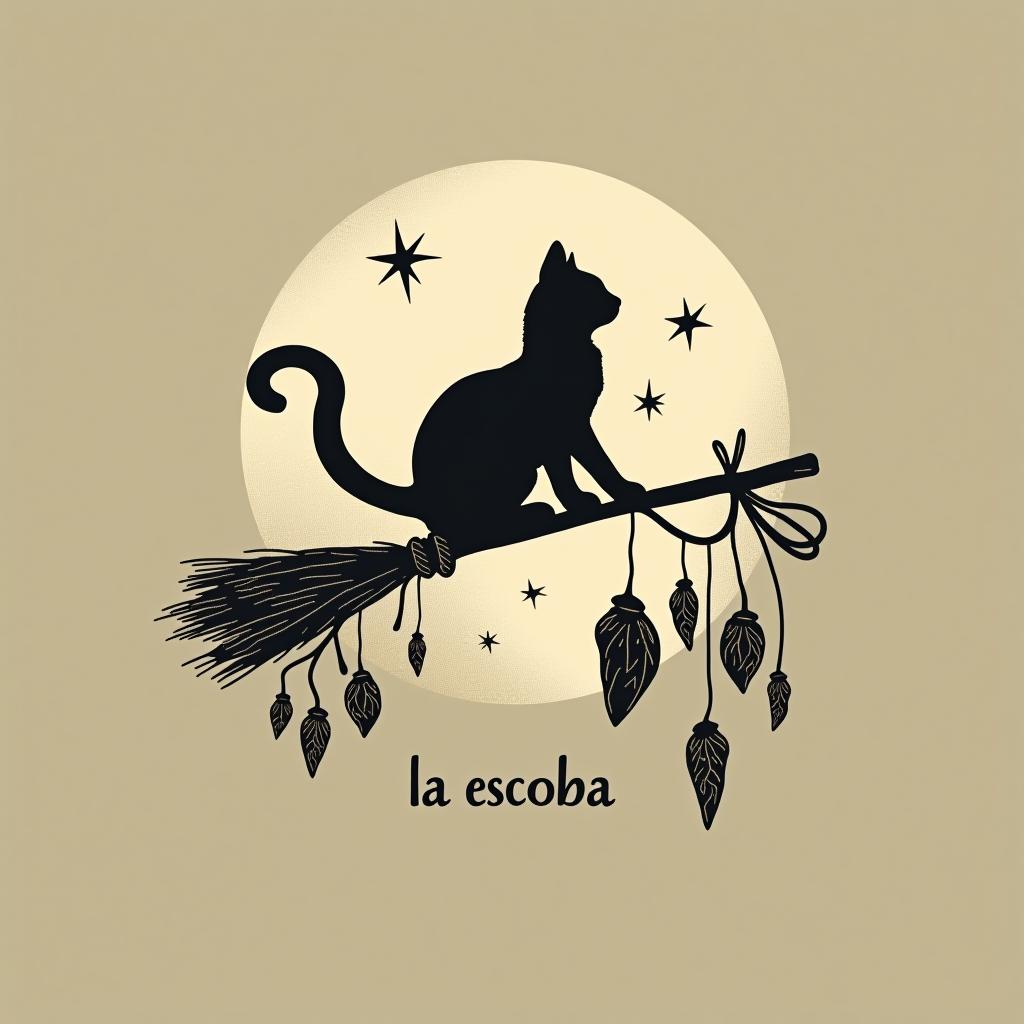  design a logo, in a minimalism style. witchy, moon, black cat silhouette riding on a broom, dried herbs hanging off broom, cottage core aesthetic, crystals,spells, with the text 'la escoba'.