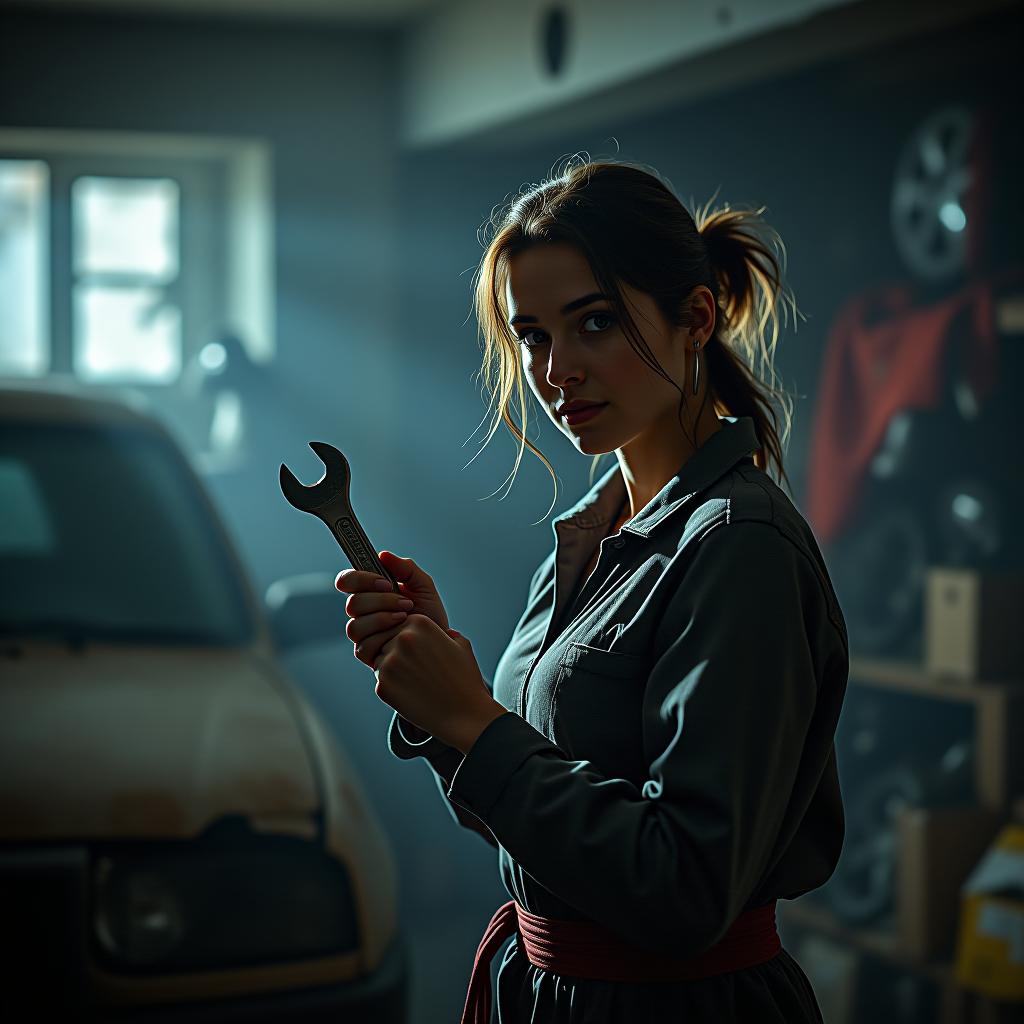  create a high quality, photorealistic image that vividly depicts the following scene: 'a resilient woman, resolute and covered in dust, works tirelessly into the night in a cluttered, poorly lit basement filled with automobile parts. her hands skillfully wield a wrench, highlighting her unwavering goal. the ambiance is further accentuated by the icy chill in the basement, the condensation on the windows, and the soft radiance from a lone lamp. capture this using a canon eos 5d mark iv, f/2.8, iso 6400, 1/60s, 8k, raw, untouched, with a focus on maintaining an uneven balance, picturing the stark difference between the woman's determination and her challenging background.'. the image should: focus on the specific actions, emot hyperrealistic, full body, detailed clothing, highly detailed, cinematic lighting, stunningly beautiful, intricate, sharp focus, f/1. 8, 85mm, (centered image composition), (professionally color graded), ((bright soft diffused light)), volumetric fog, trending on instagram, trending on tumblr, HDR 4K, 8K