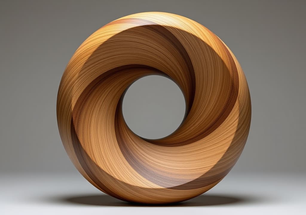  a wooden sculpture with a spiral shape and a hole in the middle