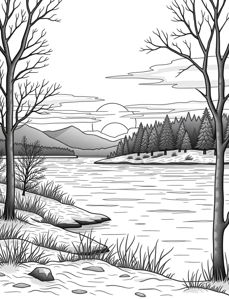  this is for an adult coloring page. a detailed black and white line art of a snowy winter sunrise over a frozen lake on a solid white background.