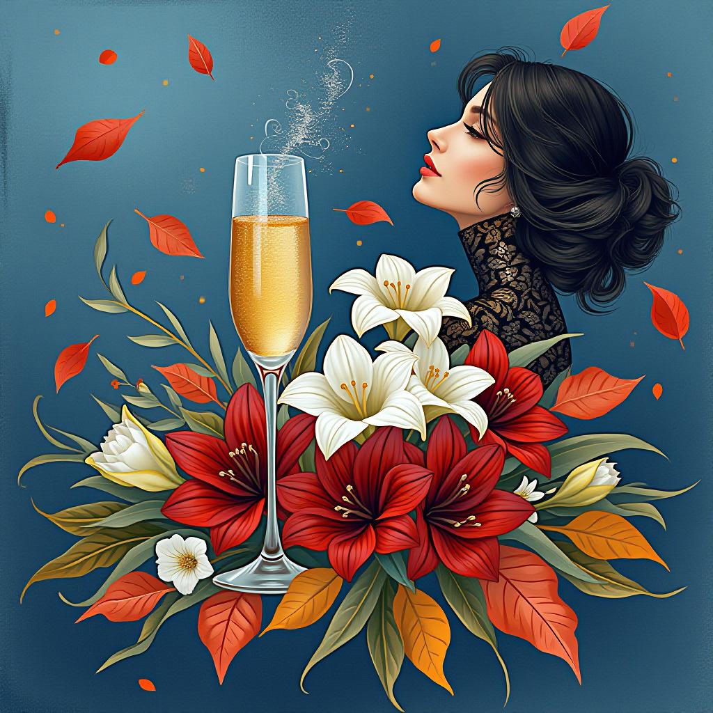  postcard design: bluish blue background with ((decorated with fine fine fractal glitter, bright leaves, ink sketch lines on blue background, outlines, falling autumn leaves, silver swirls, autumn leaves)) . ((graceful,slim, profile of a woman's face, in the style of autumn art fantasy 1,7)). ((crystal tall glass)) :champagne with ice cubes and chocolate.((birthday greeting card))). (in the centre of the card is a bouquet of white gladioluses with the inscription (("for you"))).((bouquet of burgundy gladioluses surrounded by multicoloured foliage 1,2)) (colour of the bouquet): burgundy red with an orange border. (foliage colour) :golden, silvery white, burgundy, green, golden green, (style):fantasy, design art, greeting cards. (style):fantas