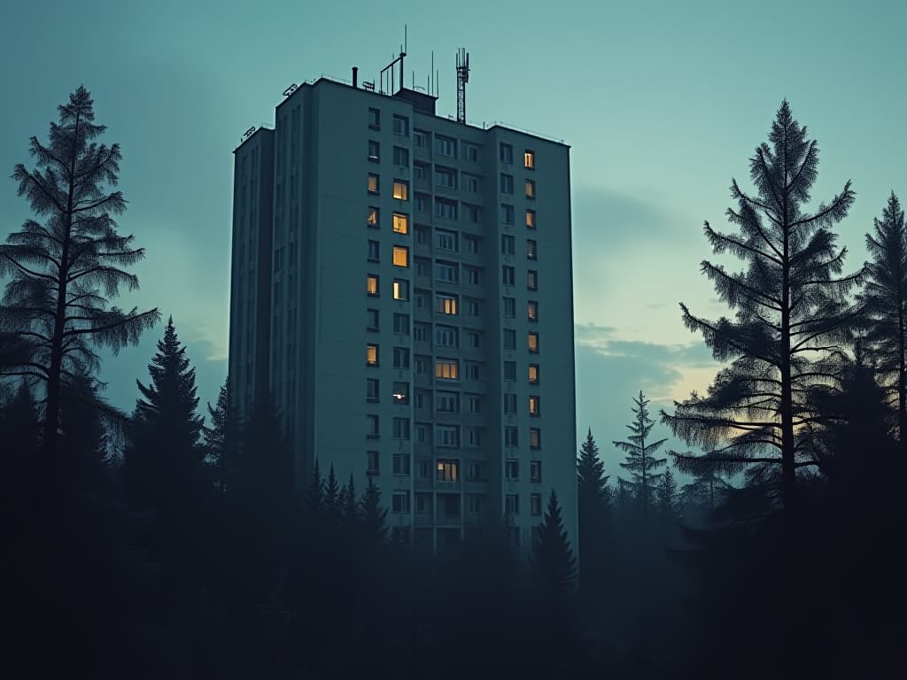  a tall building of a soviet research institute in the brutalist style of the 70s 80s, late in the summer evening in a dense pine forest, dim lights in some windows, antennas on the roof, isometric perspective