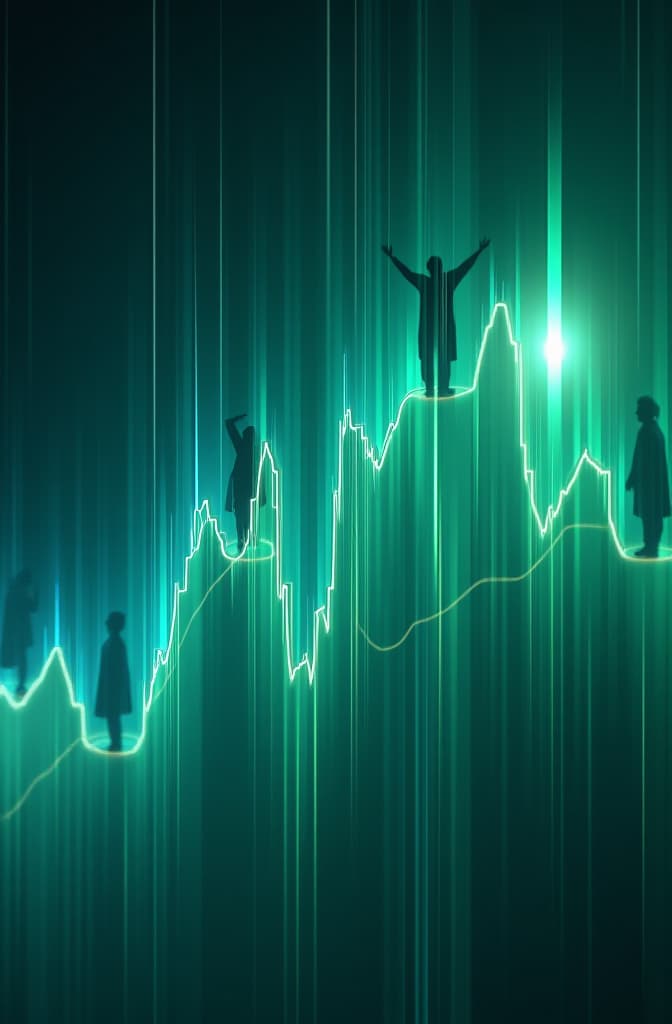  fondo: un gráfico de líneas ascendentes que represente el crecimiento del mercado, con tonos de verde y azul para transmitir prosperidad y confianza. elementos centrales: gráfico de trading: un gráfico de velas o líneas en movimiento que muestre una tendencia alcista. asegúrate de que sea claro y profesional. ganadores: siluetas de personas en posiciones de victoria, como levantando trofeos o con gestos de celebración. también puedes incluir imágenes de personas usando computadoras para indicar análisis y toma de decisiones. conexión visual: líneas o flechas: usa flechas o líneas que conecten los gráficos de trading con las imágenes de los ganadores, simbolizando cómo el éxito en el trading lleva a la victoria. iconos: p hyperrealistic, full body, detailed clothing, highly detailed, cinematic lighting, stunningly beautiful, intricate, sharp focus, f/1. 8, 85mm, (centered image composition), (professionally color graded), ((bright soft diffused light)), volumetric fog, trending on instagram, trending on tumblr, HDR 4K, 8K