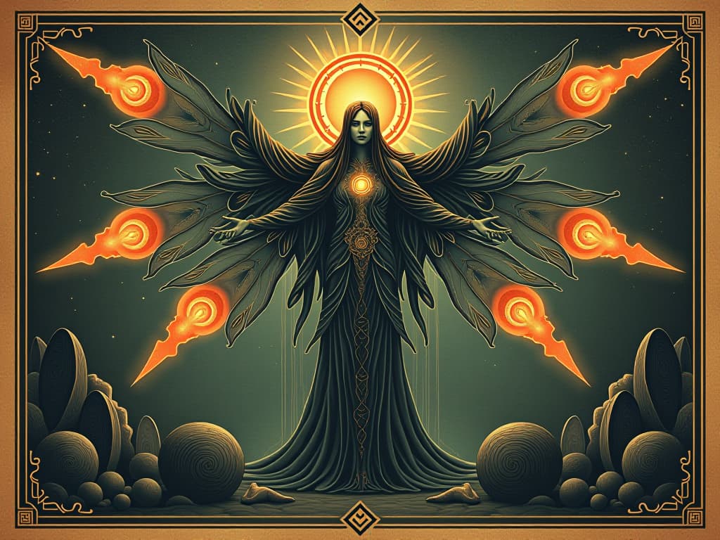  a figure transmuting energy into higher forms, symbols of body, mind, and spirit around them, intricate and radiant, harmonious, spiritual. an illustration in the style of a worn, mystical old tarot trump card, mysterious and elements of surrealism. the colors are muted, somber and eerie, but with contrast bring out an occult and esoteric vibe.