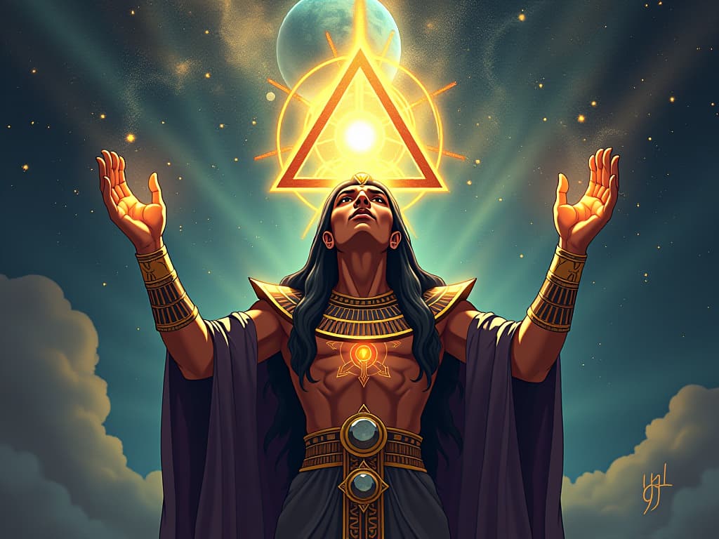  a cosmic architect, hands raised, reality molding and transforming, visions of desired manifestations forming, aura of creation. the style is digital art illustration / modern comic book / mysterious occult, symbolic, esoteric vibe,high detail on character design, incorporating ancient egyptian symbology and attire.