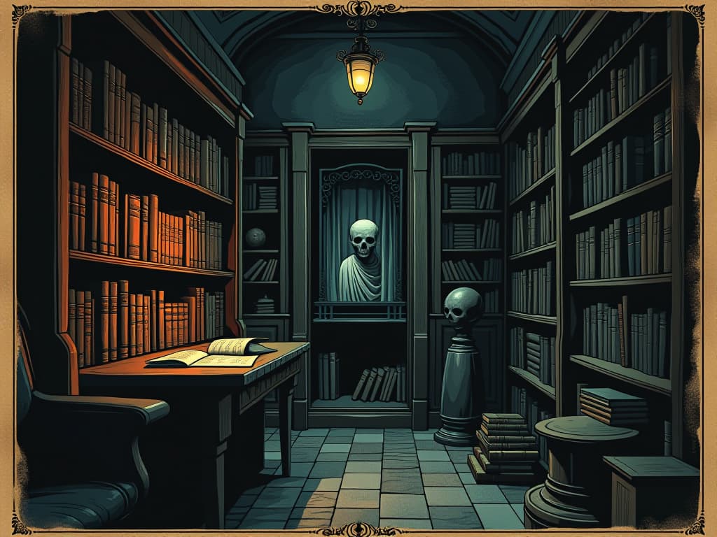  shelves filled with horror films and dark arts books, eerie, shadowy lighting casting sinister glows, sense of hidden peril. an illustration in the style of a worn, mystical old tarot trump card, mysterious and elements of surrealism. the colors are muted, somber and eerie, but with contrast bring out an occult and esoteric vibe.