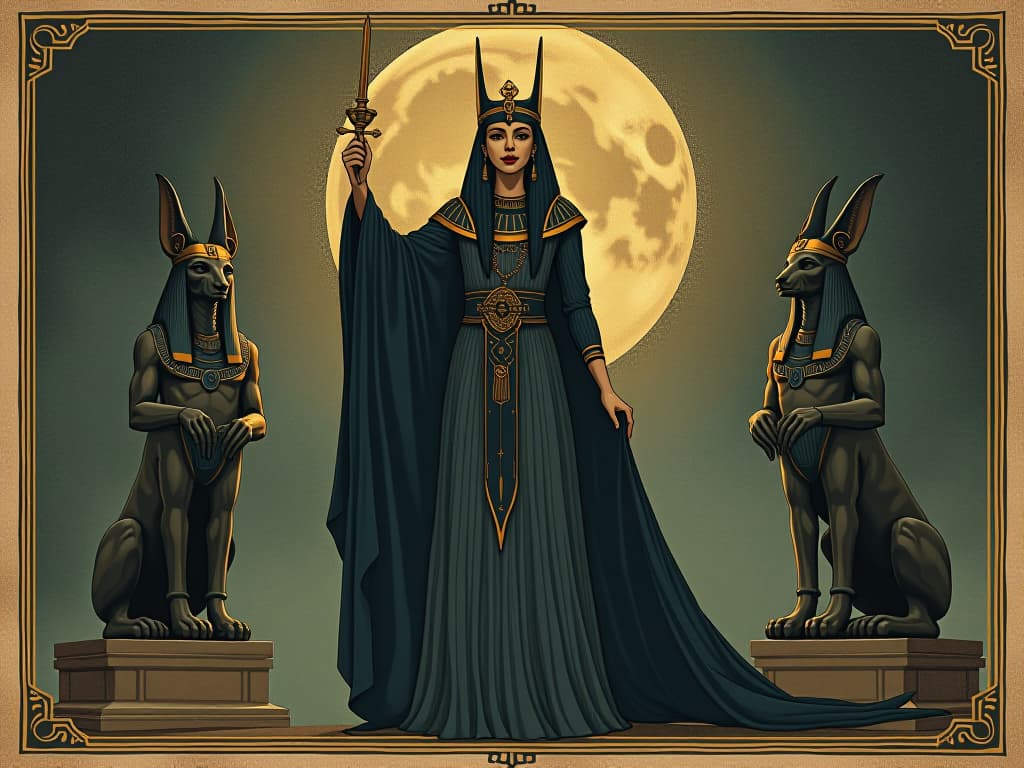  isis as a guardian, flanked by statues of anubis and horus, life and death symbols, protective and enigmatic. an illustration in the style of a worn, mystical old tarot trump card, mysterious and elements of surrealism. the colors are muted, somber and eerie, but with contrast bring out an occult and esoteric vibe.