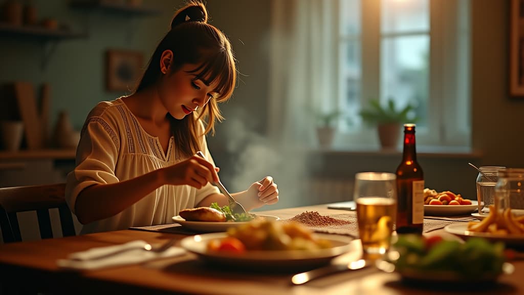  , an image indicating small sacrifices, like preparing food at home, juxtaposed with dining out, to show saving habits. hyperrealistic, full body, detailed clothing, highly detailed, cinematic lighting, stunningly beautiful, intricate, sharp focus, f/1. 8, 85mm, (centered image composition), (professionally color graded), ((bright soft diffused light)), volumetric fog, trending on instagram, trending on tumblr, HDR 4K, 8K