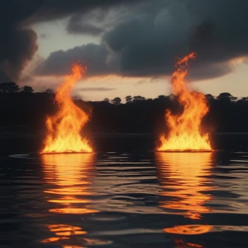 Fire physically on the water with land and sky behind in Cinematic style