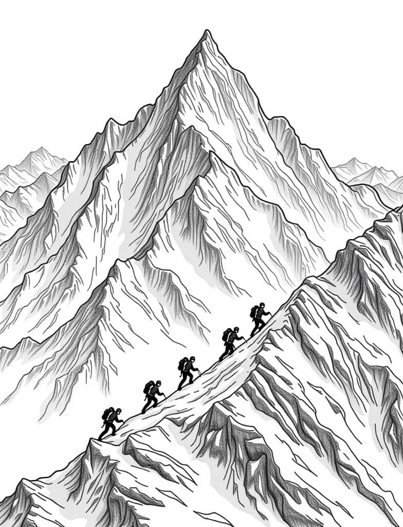  this is for an adult coloring page. a detailed black and white line art of a snowy snowy mountain range with a group of mountaineers climbing on a solid white background.