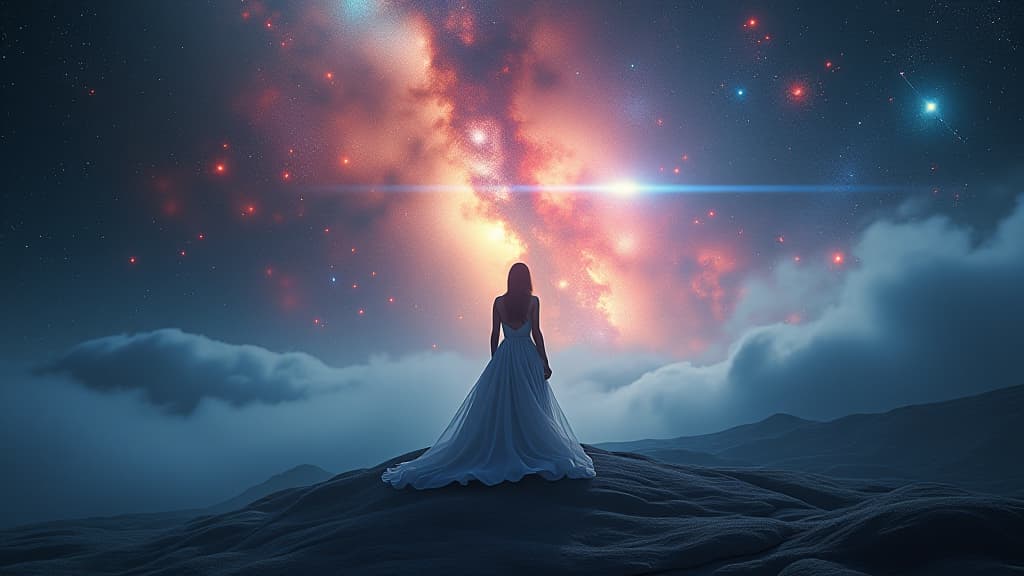  an ethereal depiction of a cosmic landscape, capturing the beauty of colors and light in the universe beyond our solar system. hyperrealistic, full body, detailed clothing, highly detailed, cinematic lighting, stunningly beautiful, intricate, sharp focus, f/1. 8, 85mm, (centered image composition), (professionally color graded), ((bright soft diffused light)), volumetric fog, trending on instagram, trending on tumblr, HDR 4K, 8K