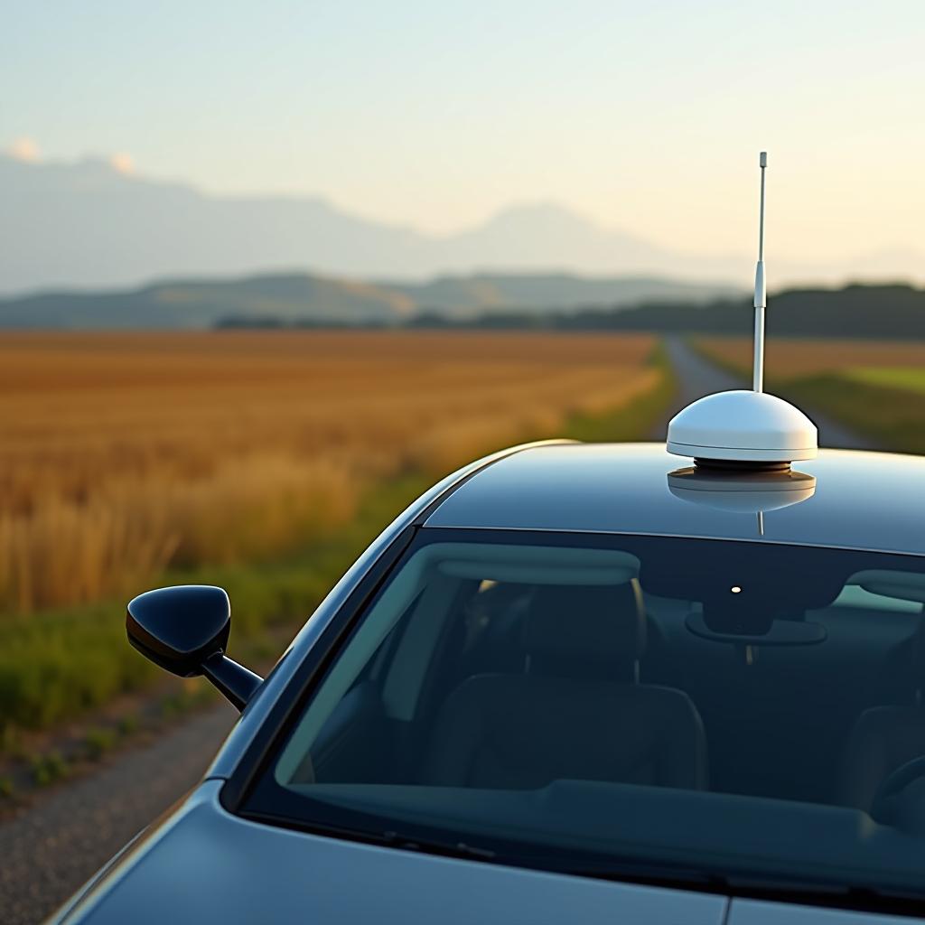  the car is driving along the edge of the fields with a white gnss antenna on the hood.