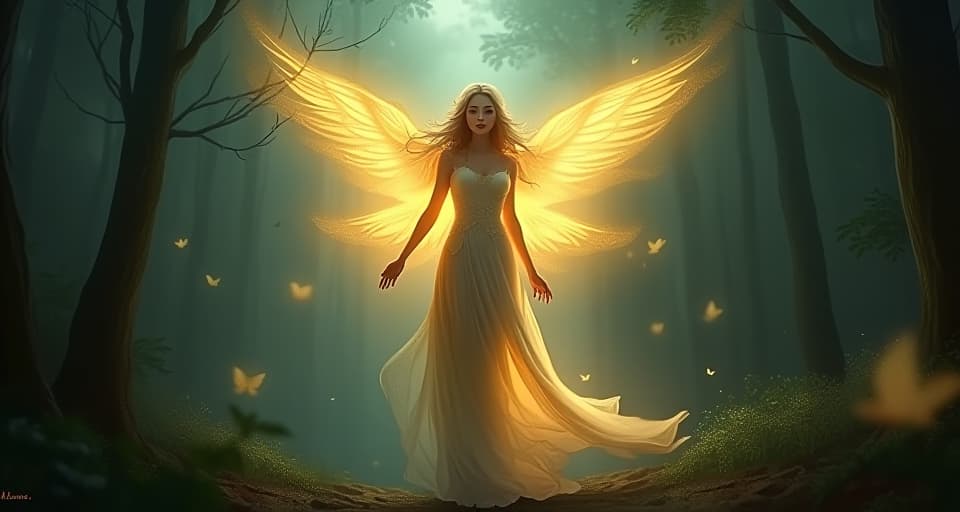  an ethereal deity with radiant, glowing wings, standing in a dark forest, her presence illuminating the surroundings with a soft golden light. the style is digital art illustration,highly detailed, whimsical,magical, dreamlike atmosphere, realism and fantasy blend, smooth, glossy textures,luminous quality, wonder and enchantment.