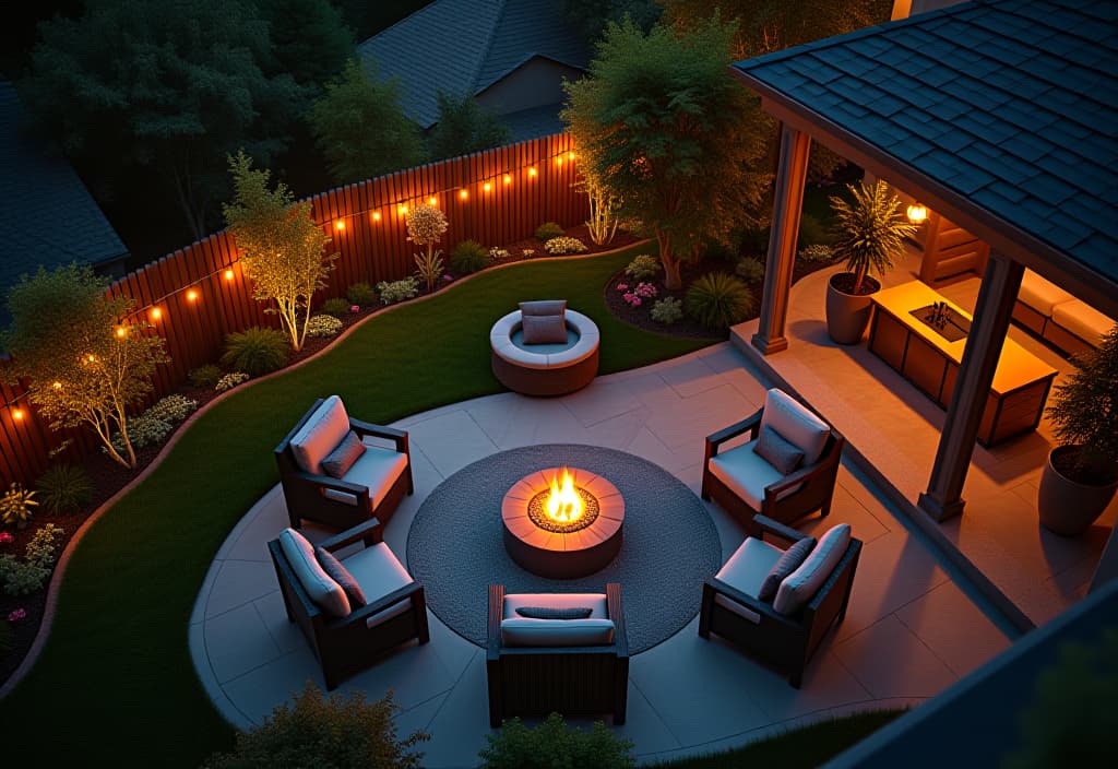  a landscape photo of a stunning aerial view of a luxurious backyard patio with a fire pit, comfortable seating, and lush greenery, illuminated by warm string lights at twilight hyperrealistic, full body, detailed clothing, highly detailed, cinematic lighting, stunningly beautiful, intricate, sharp focus, f/1. 8, 85mm, (centered image composition), (professionally color graded), ((bright soft diffused light)), volumetric fog, trending on instagram, trending on tumblr, HDR 4K, 8K