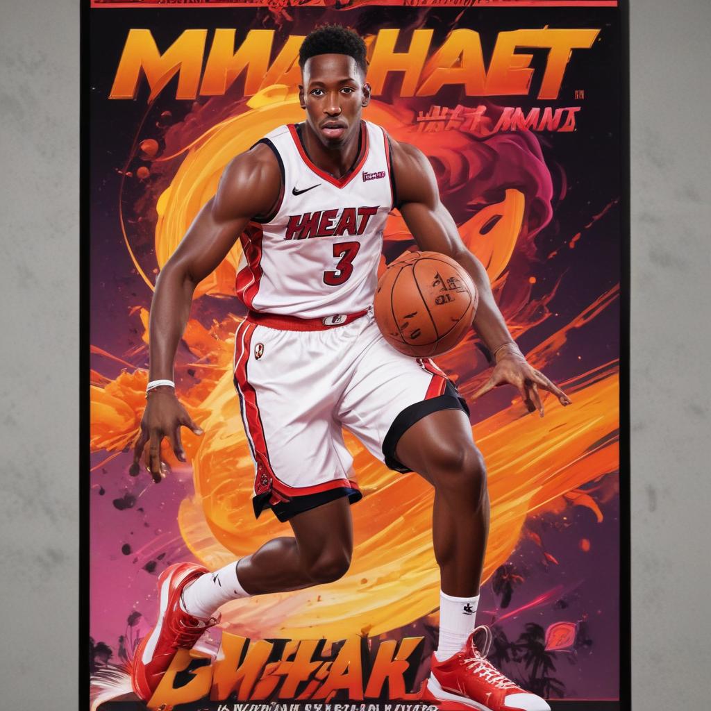 distance-shot, flashy, full-body, dynamic, holographic, animated cartoon poster of miami heat player bam adebayo in the style of dragon ball super