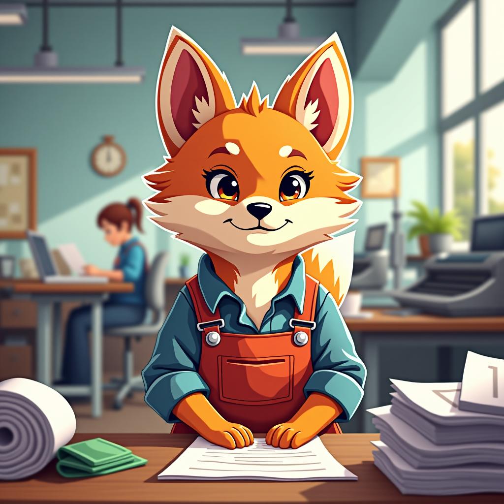  generate an image: a charming spitz in work clothes working in a printing house, with printing equipment and other workers visible in the background. the image should be bright and colorful, capturing attention. the spitz should look beautiful yet responsible, with a drawn style.