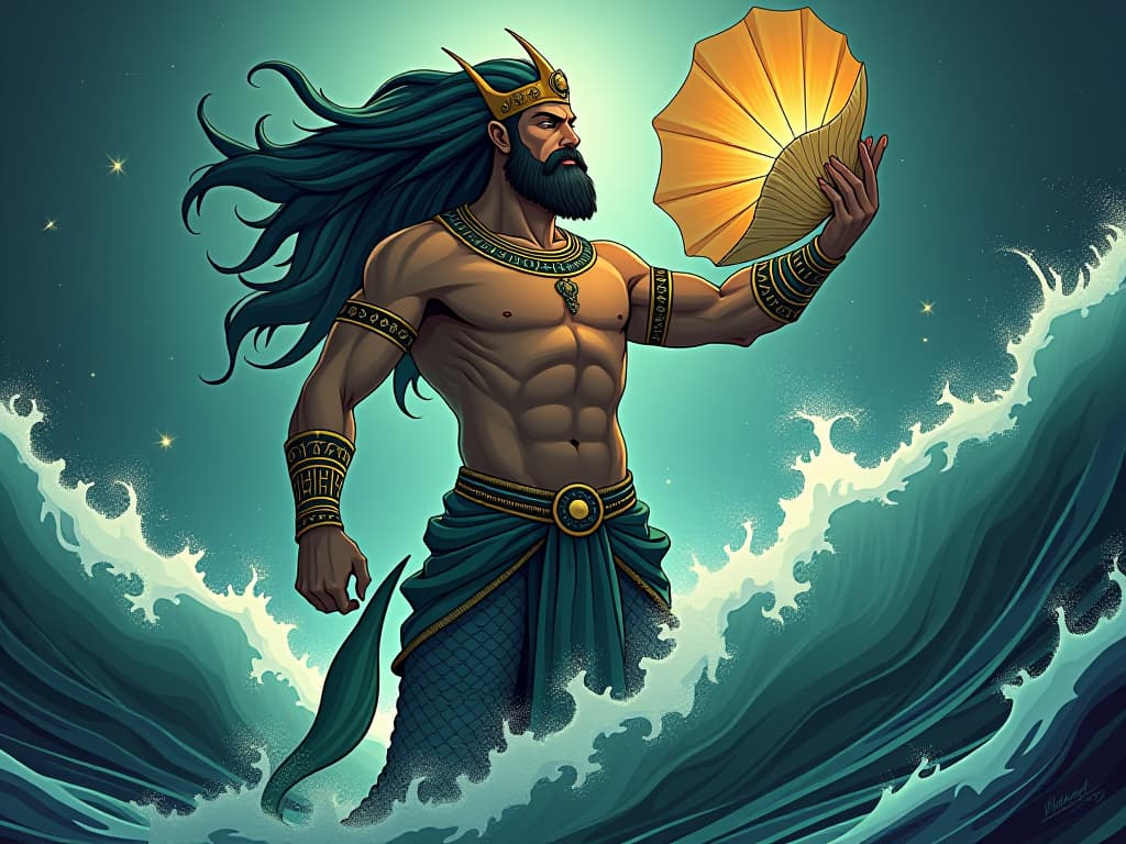  triton, muscular merman, holding a large conch shell, calm demeanor, casting a serene presence over tumultuous ocean waves, celestial light illuminating the scene. the style is digital art illustration / modern comic book / mysterious occult, symbolic, esoteric vibe,high detail on character design, incorporating ancient egyptian symbology and attire.