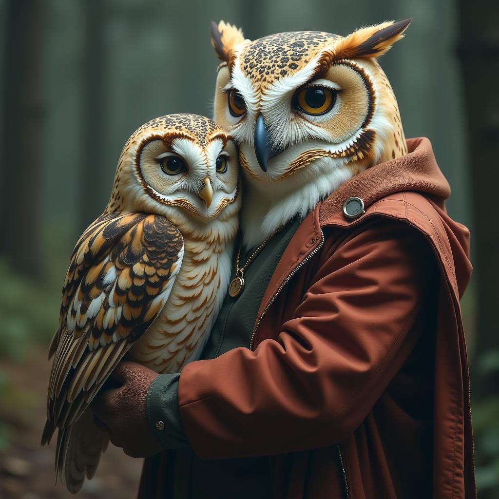  the owl and gorynych are hugging. the owl is weak and sweet, while gorynych is big and powerful. hyperrealistic, full body, detailed clothing, highly detailed, cinematic lighting, stunningly beautiful, intricate, sharp focus, f/1. 8, 85mm, (centered image composition), (professionally color graded), ((bright soft diffused light)), volumetric fog, trending on instagram, trending on tumblr, HDR 4K, 8K