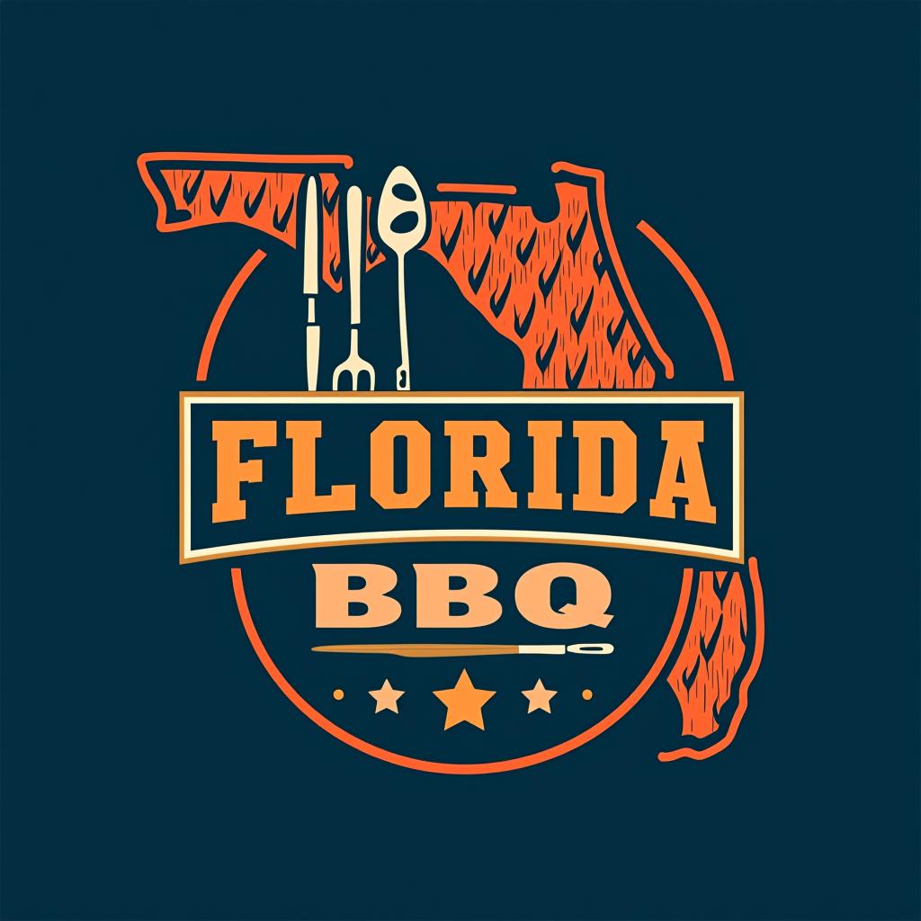  design a logo, state of florida with bbq accessories and with the colors orange and blue