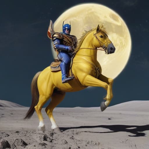 Optimus prime riding a yellow horse on the moon