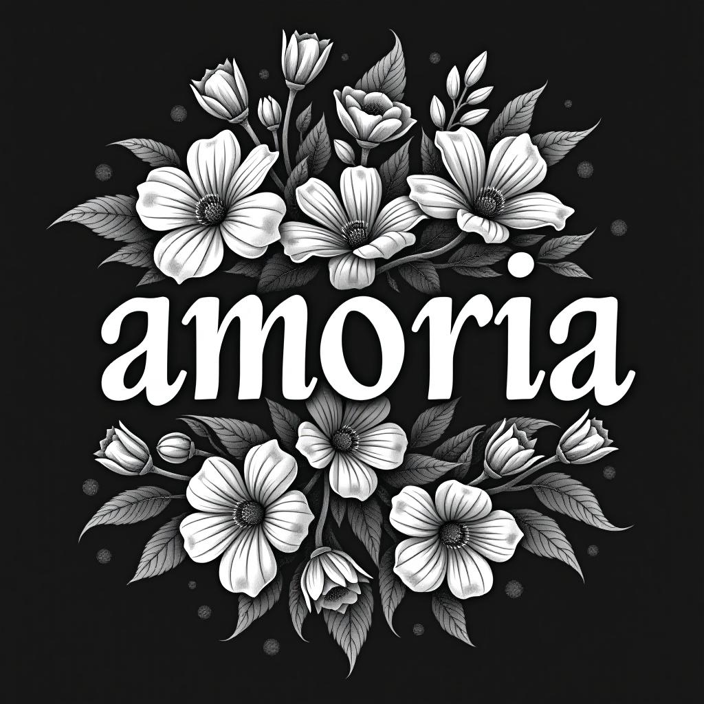  flowers, text 'amoria', (logo:1.15), black and white, hq, hightly detailed, 4k