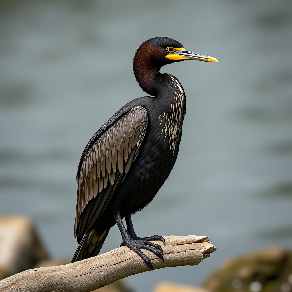  graceful cormorant perched on a weathered branch in a natural habitat setting