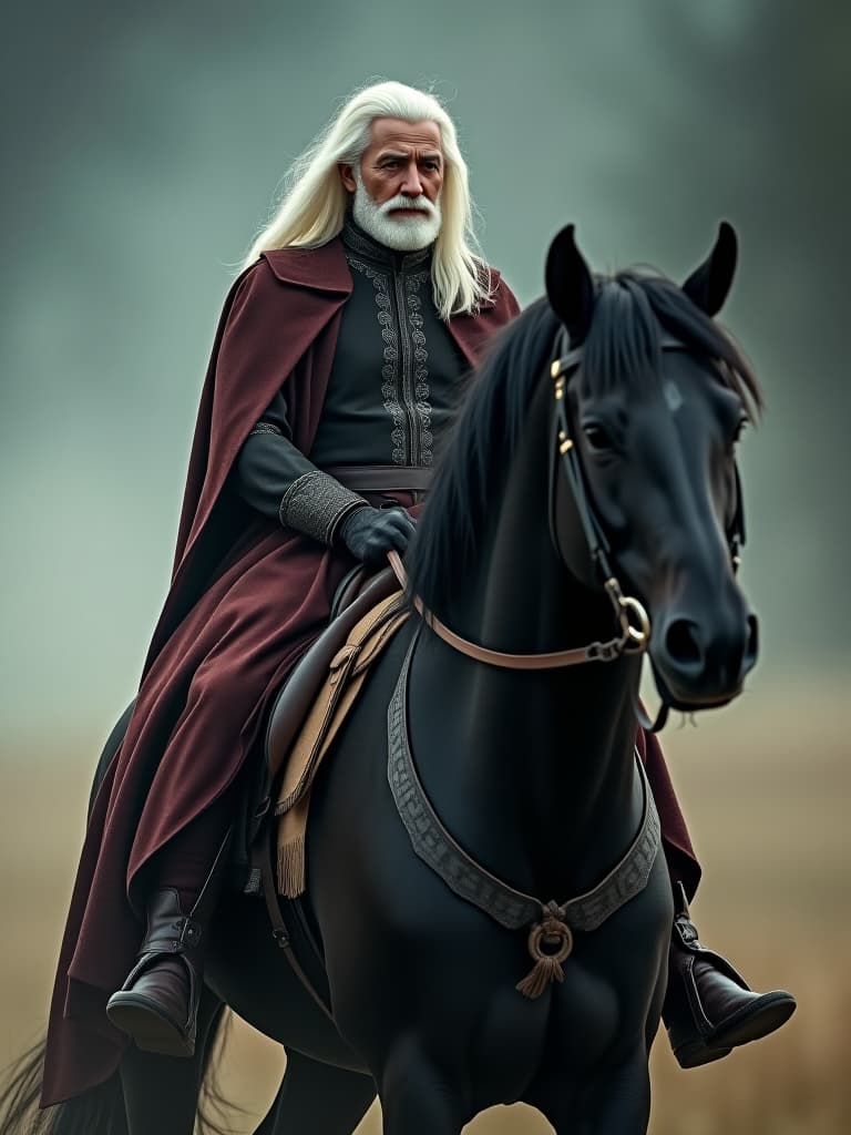  یک مرد با پوست سفید روی یک اسب سیا است. a man with white skin is on a black horse. hyperrealistic, full body, detailed clothing, highly detailed, cinematic lighting, stunningly beautiful, intricate, sharp focus, f/1. 8, 85mm, (centered image composition), (professionally color graded), ((bright soft diffused light)), volumetric fog, trending on instagram, trending on tumblr, HDR 4K, 8K