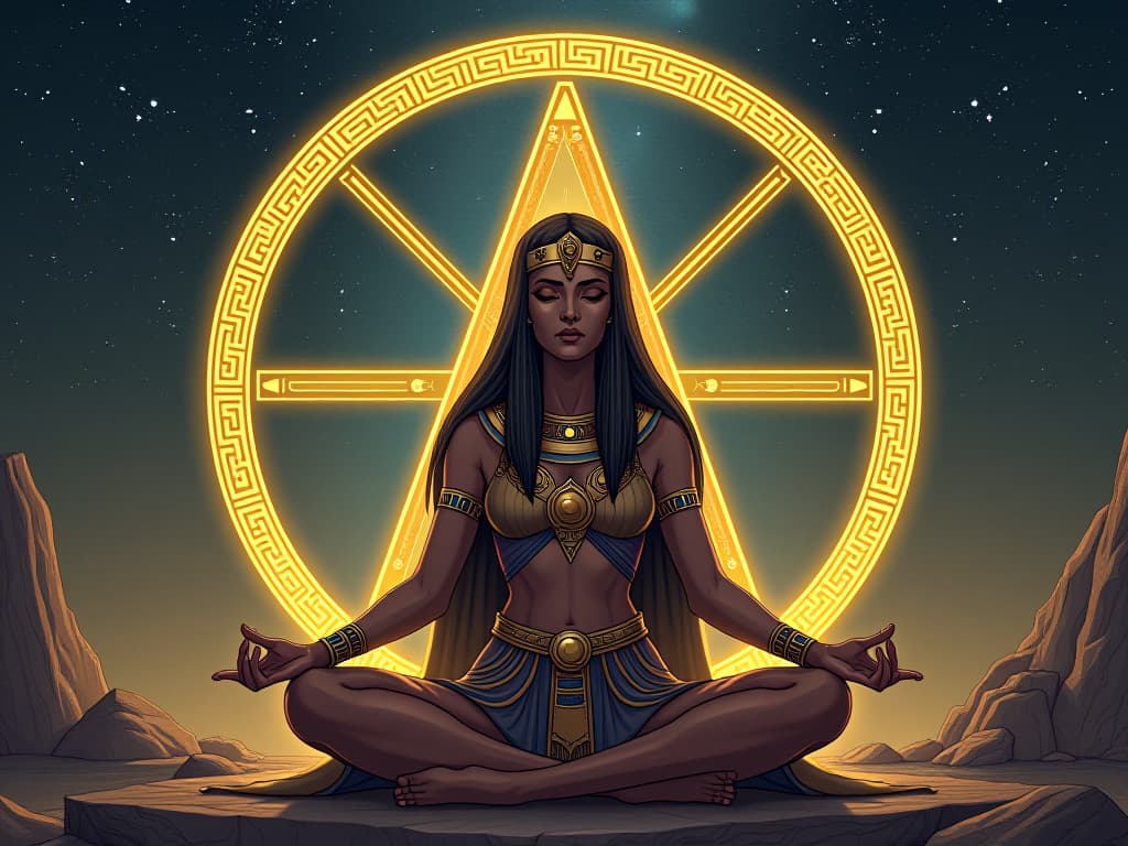  an ancient egyptian priestess meditating beneath the stars, surrounded by glowing ankhs and hieroglyphs, aura of powerful realignment. the style is digital art illustration / modern comic book / mysterious occult, symbolic, esoteric vibe,high detail on character design, incorporating ancient egyptian symbology and attire.