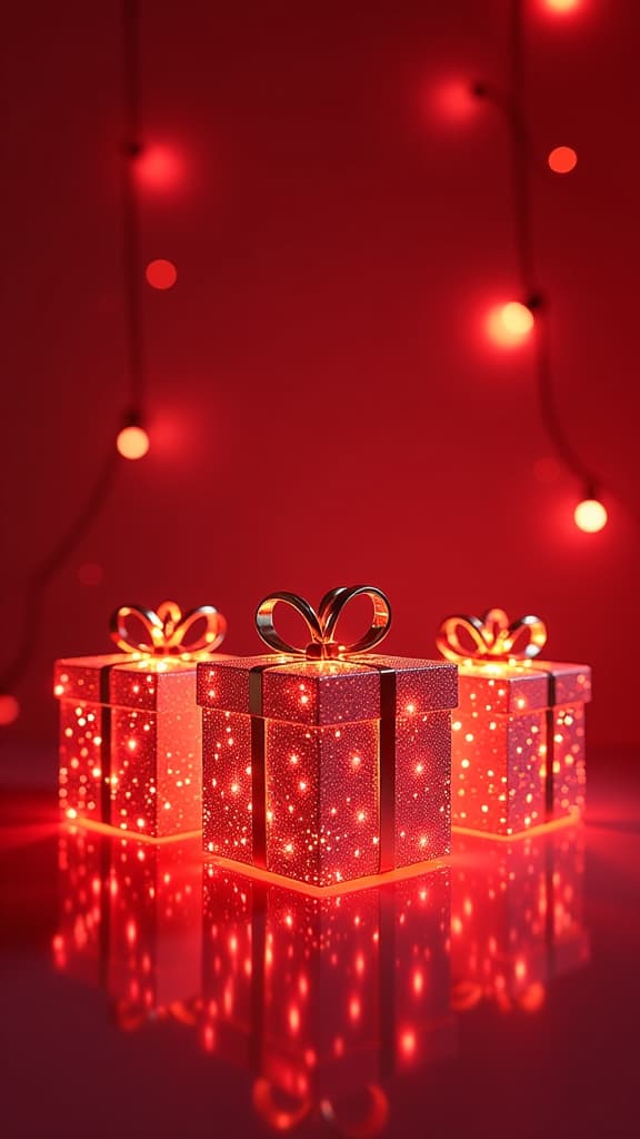  background made from lot of glowing garland glass gift boxes, red background ar 9:16 {prompt}, maximum details