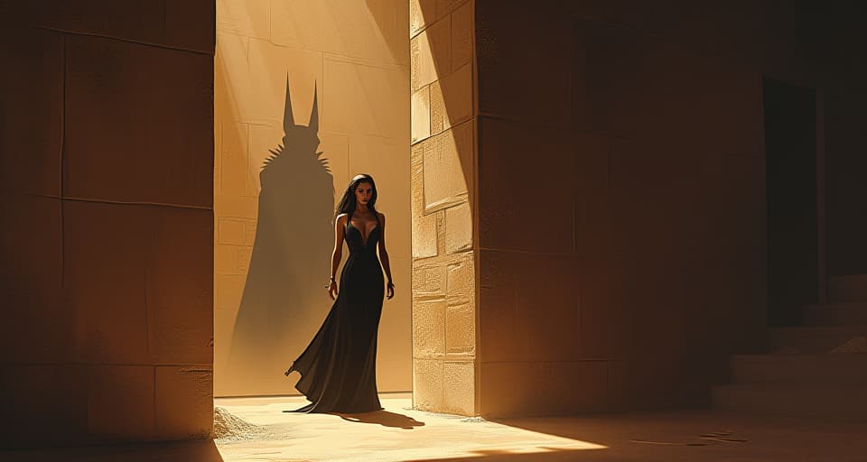  shadowy figure lurking behind a sandstone pillar in an ancient temple, the shadow of anubis cast ominously, a large busted sorceress in a tight black gown stands in the foreground, glaring into the darkness, atmosphere of unveiled deceit. the style is digital art illustration / modern comic book / mysterious occult, symbolic, esoteric vibe,high detail on character design, incorporating ancient egyptian symbology and attire.