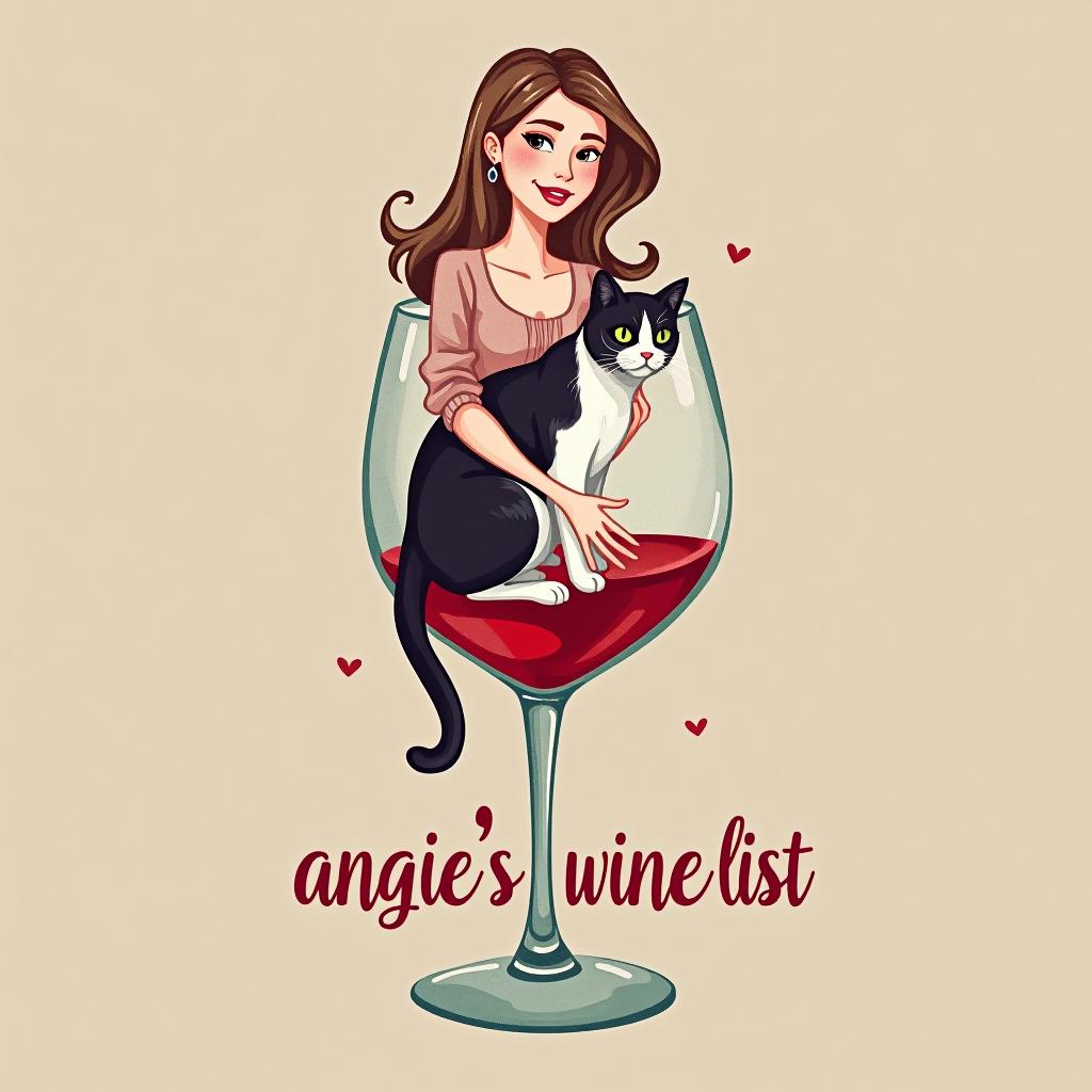  design a logo, in a watercolor style. woman and a black and white cat sitting in a wine glass, with the text 'angie’s wine list'.