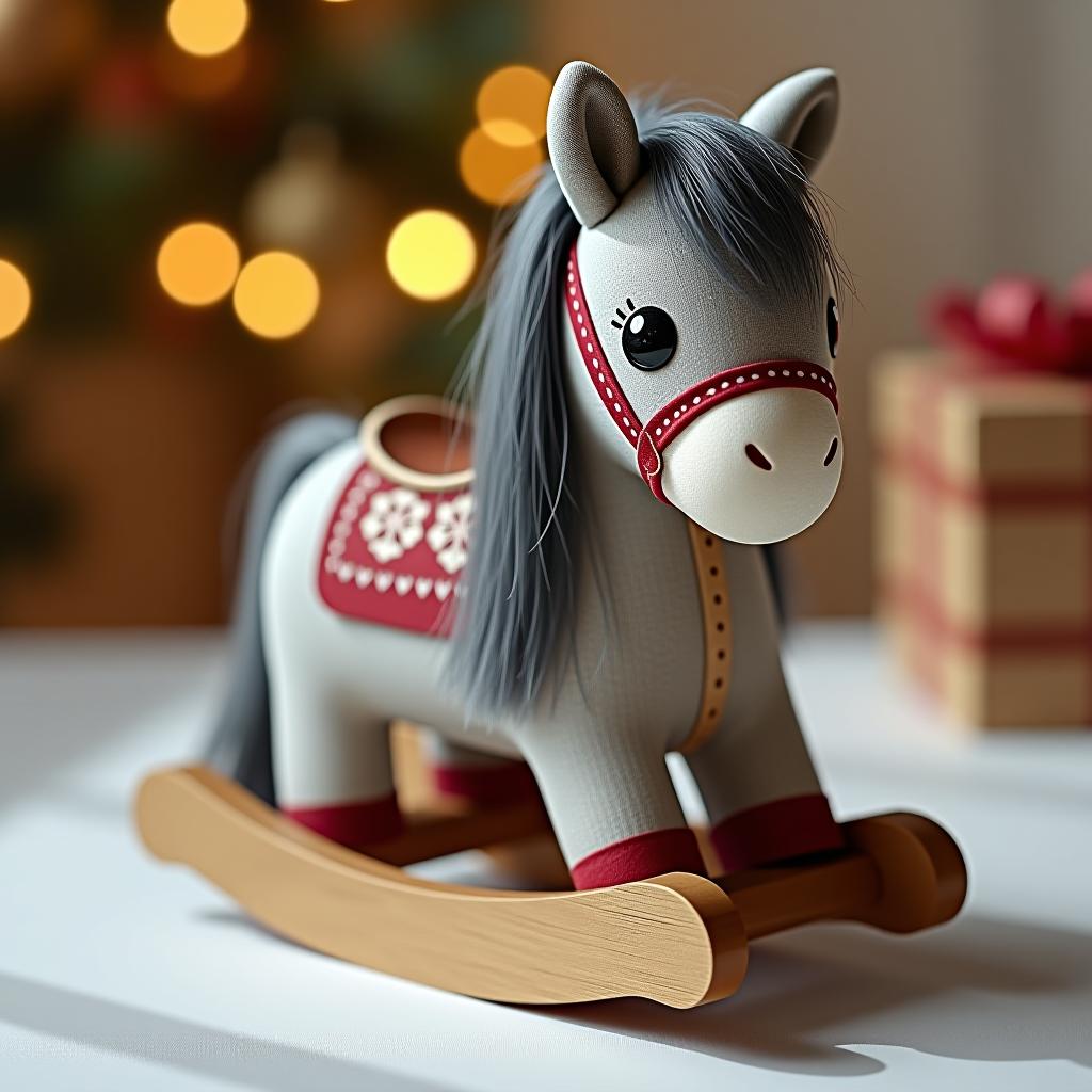  3d wooden cute rocking horse with cute big round reflective eyes, long gray fur, featuring christmas elements.