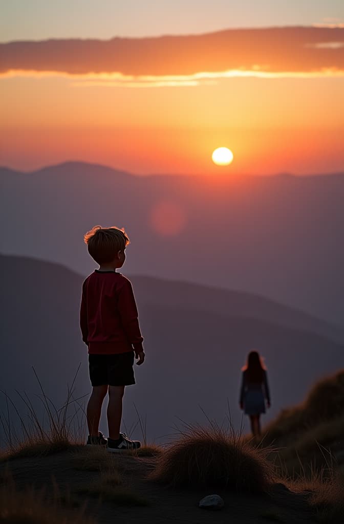  image of boy standing on valley looking to a girl at far distance walking downwards to the valley , sunset , mountain , hyperrealistic, full body, detailed clothing, highly detailed, cinematic lighting, stunningly beautiful, intricate, sharp focus, f/1. 8, 85mm, (centered image composition), (professionally color graded), ((bright soft diffused light)), volumetric fog, trending on instagram, trending on tumblr, HDR 4K, 8K