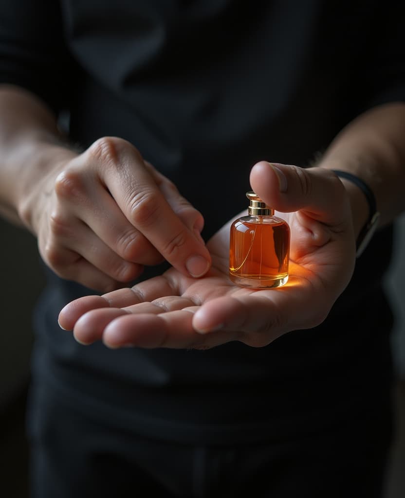  hdr photo of man demonstration of the application process on the wrist with a small perfume, hands, it is convenient to use our product . high dynamic range, vivid, rich details, clear shadows and highlights, realistic, intense, enhanced contrast, highly detailed