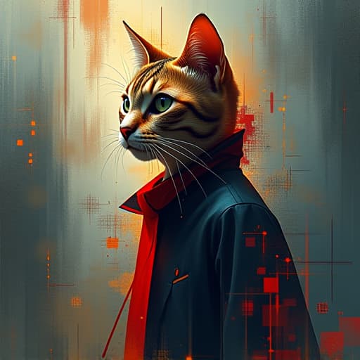  create an abstract composition centered around the character "cat." utilize dynamic shapes, vibrant colors, and textures to evoke mood and emotion. incorporate geometric patterns or organic forms to convey a sense of energy and movement. let the image capture the essence of "cat" through non representational elements, focusing on evoking feelings rather than depicting a literal scene. hyperrealistic, full body, detailed clothing, highly detailed, cinematic lighting, stunningly beautiful, intricate, sharp focus, f/1. 8, 85mm, (centered image composition), (professionally color graded), ((bright soft diffused light)), volumetric fog, trending on instagram, trending on tumblr, HDR 4K, 8K