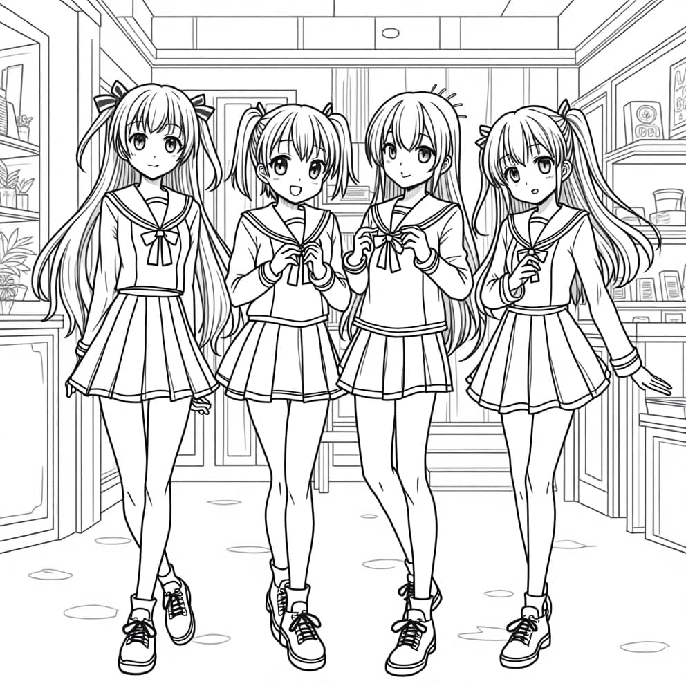  a coloring book page, white background, showing a detailed outline of the lucky star characters, konata izumi, tsukasa hiiragi, kagami hiiragi, and miyuki takara, showcasing their signature personalities and iconic poses. the background should be a cheerful and lively setting, perhaps their or a cafe, with a sense of energy.