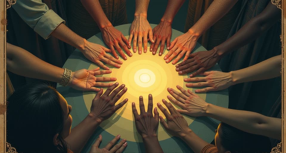  a circle of diverse figures, hands linked, glowing with inner light, communal support, uplifting each other, unity. an illustration in the style of a worn, mystical old tarot trump card, mysterious and elements of surrealism. the colors are muted, somber and eerie, but with contrast bring out an occult and esoteric vibe.