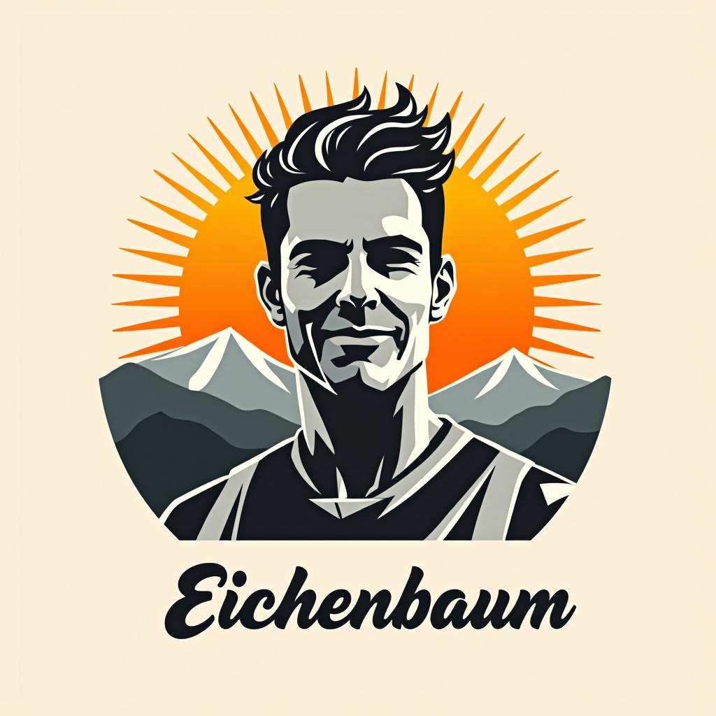  design a logo, in a geometric style. sportlicher deutscher mann unter einem eichenbaum im sonnenaufgang , with the text 'eichenbaum '.