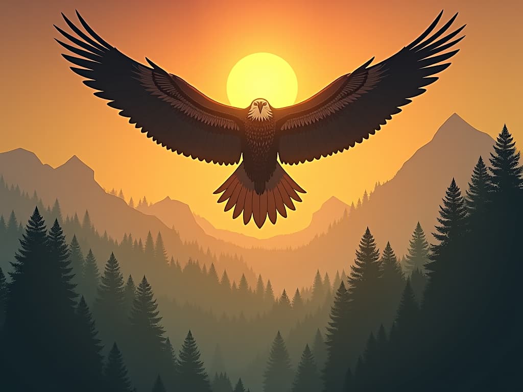  majestic eagle soaring above a misty forest, early morning sun casting a golden glow, symbolizing a soul uncovering profound truths. the style is digital art illustration / modern comic book / mysterious occult, symbolic, esoteric vibe,high detail on character design, incorporating ancient egyptian symbology and attire.