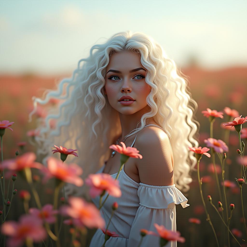  ( a (((digital art piece))) featuring a (((full body photo))) of a (((woman with long, flowing white curly hair))), with her face and form blending seamlessly into a (((softly lit, fantastical flower field))), its intricate details and magical atmosphere extending the scene beyond the ordinary, 3d 2d