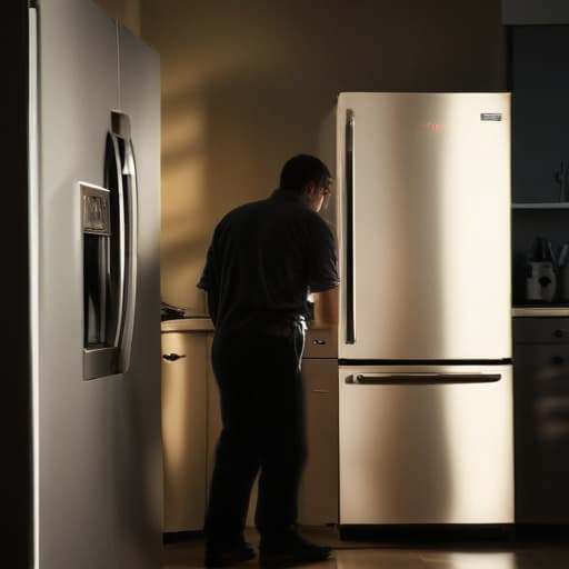 A photo of a skilled appliance repair technician inspecting a malfunctioning refrigerator in a dimly lit kitchen during the early evening. The warm glow of a single overhead incandescent bulb casts long shadows, adding a sense of mystery and concentration to the scene. The technician's silhouette is outlined against the backdrop of the kitchen utensils hanging on the wall, creating a striking contrast between light and shadow, symbolizing the meticulous attention to detail required in appliance repair service. This image captures the essence of expertise and professionalism in a mundane yet essential household task, inviting viewers to appreciate the artistry of repairing appliances.