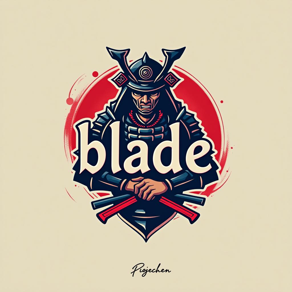  design a logo, emblem logo, with the written text ‘blade’, samurai theme, red and blue.