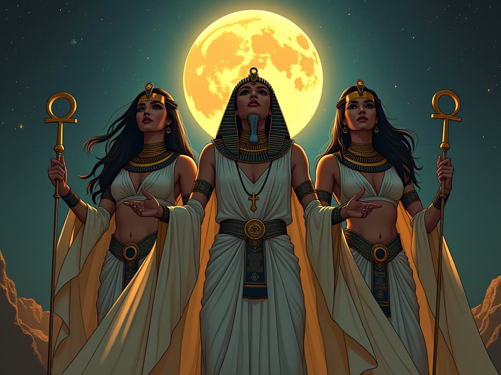  pharaoh, flanked by large busted priestesses in sheer linen, performing a celestial ritual under the luminous moon, ankh symbols glowing, symbolizing transformation and growth. the style is digital art illustration / modern comic book / mysterious occult, symbolic, esoteric vibe,high detail on character design, incorporating ancient egyptian symbology and attire.