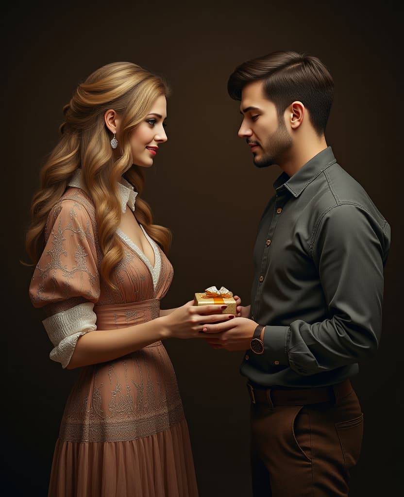  hyperrealistic art a beautiful woman in a dress gives a man in a shirt a small gift, a model, on a dark brown background . extremely high resolution details, photographic, realism pushed to extreme, fine texture, incredibly lifelike