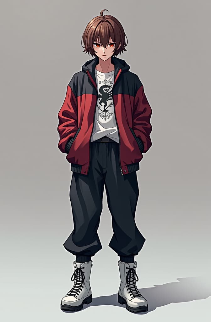  un personaje de anime estilo wind breaker cabello marrón corto un tatuaje en el cuerpo de un dragón mechas blancas chaqueta de wind breaker botas blancas pantalón negro ojos rojos serio como sakura de ese anime, anime concept art by hayao miyazaki, featured on pixiv, fantasy art, concept art, official art, high detailed hyperrealistic, full body, detailed clothing, highly detailed, cinematic lighting, stunningly beautiful, intricate, sharp focus, f/1. 8, 85mm, (centered image composition), (professionally color graded), ((bright soft diffused light)), volumetric fog, trending on instagram, trending on tumblr, HDR 4K, 8K