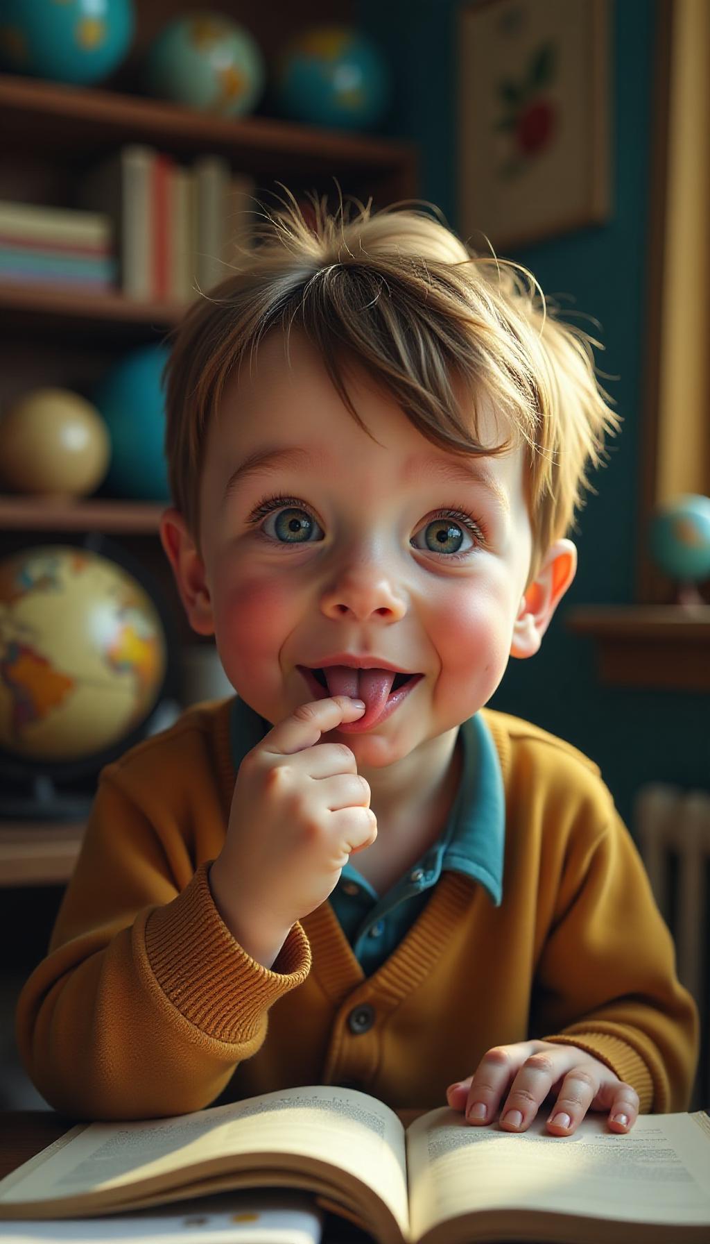  create a high quality, photorealistic image that vividly depicts the following scene: a close up, hyper realistic portrait of a young, quirky boy, with freckled cheeks and mischievous green eyes. he's attempting to touch his tongue to his nose, his face full of focus and determination. the background is a colorful, cluttered room filled with globes, books, and quirky scientific posters, highlighting a casual home study setup, drenched in warm, afternoon light. presented in full 8k resolution, shot with canon eos r3, at f/1.4, iso 200 and 1/160s, maintaining a perfect symmetrical balance, untouched raw file. the image should: focus on the specific actions, emotions, and elements described in the scene show detailed faci hyperrealistic, full body, detailed clothing, highly detailed, cinematic lighting, stunningly beautiful, intricate, sharp focus, f/1. 8, 85mm, (centered image composition), (professionally color graded), ((bright soft diffused light)), volumetric fog, trending on instagram, trending on tumblr, HDR 4K, 8K